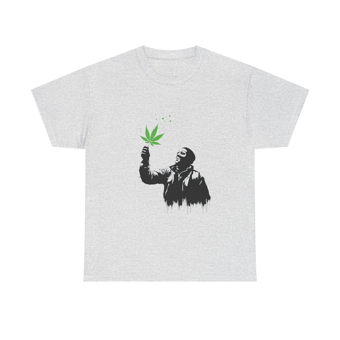 Weed Leaf Stencil Tee — Man Holding Green 420 Graphic T-Shirt