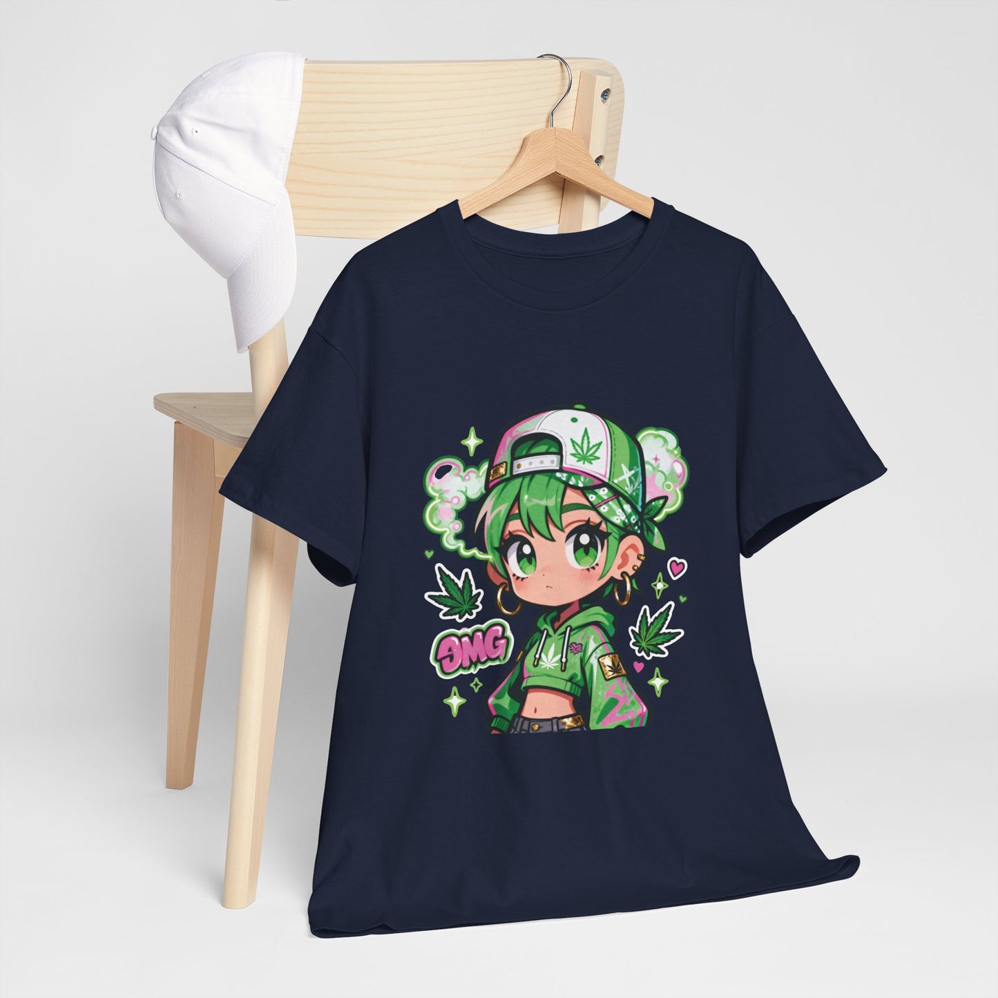 Green Anime Girl Tee — Cute Kawaii Character Shirt with Leaf Accent