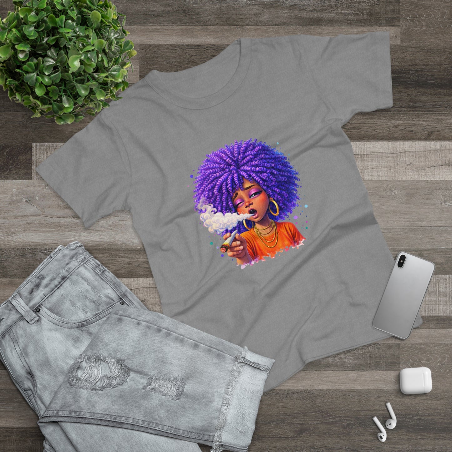 Women's T-Shirt — Purple Afro Girl Art Graphic Tee (Smoke Vibe)