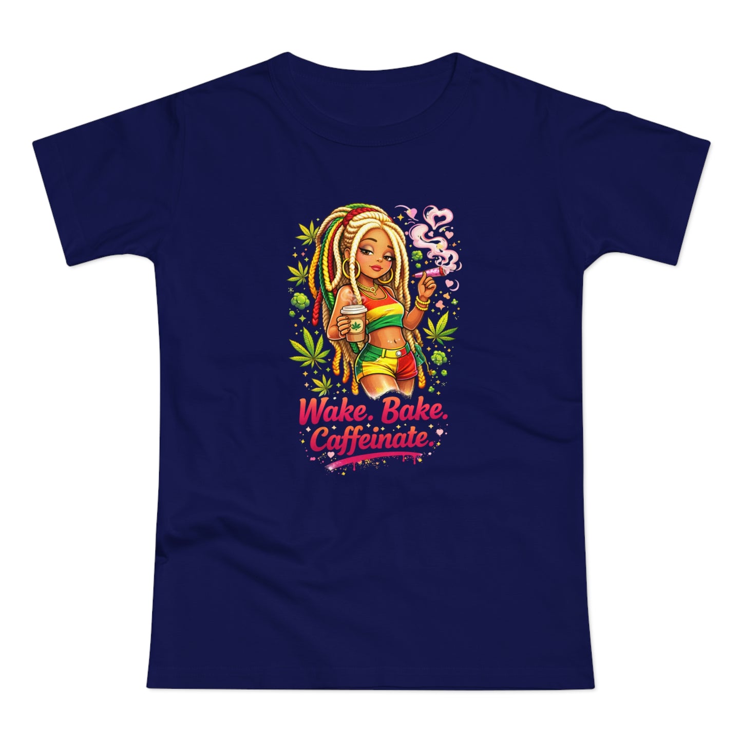 Wake, Bake, Caffeinate T-Shirt — Rasta Girl Coffee & Weed Graphic Tee