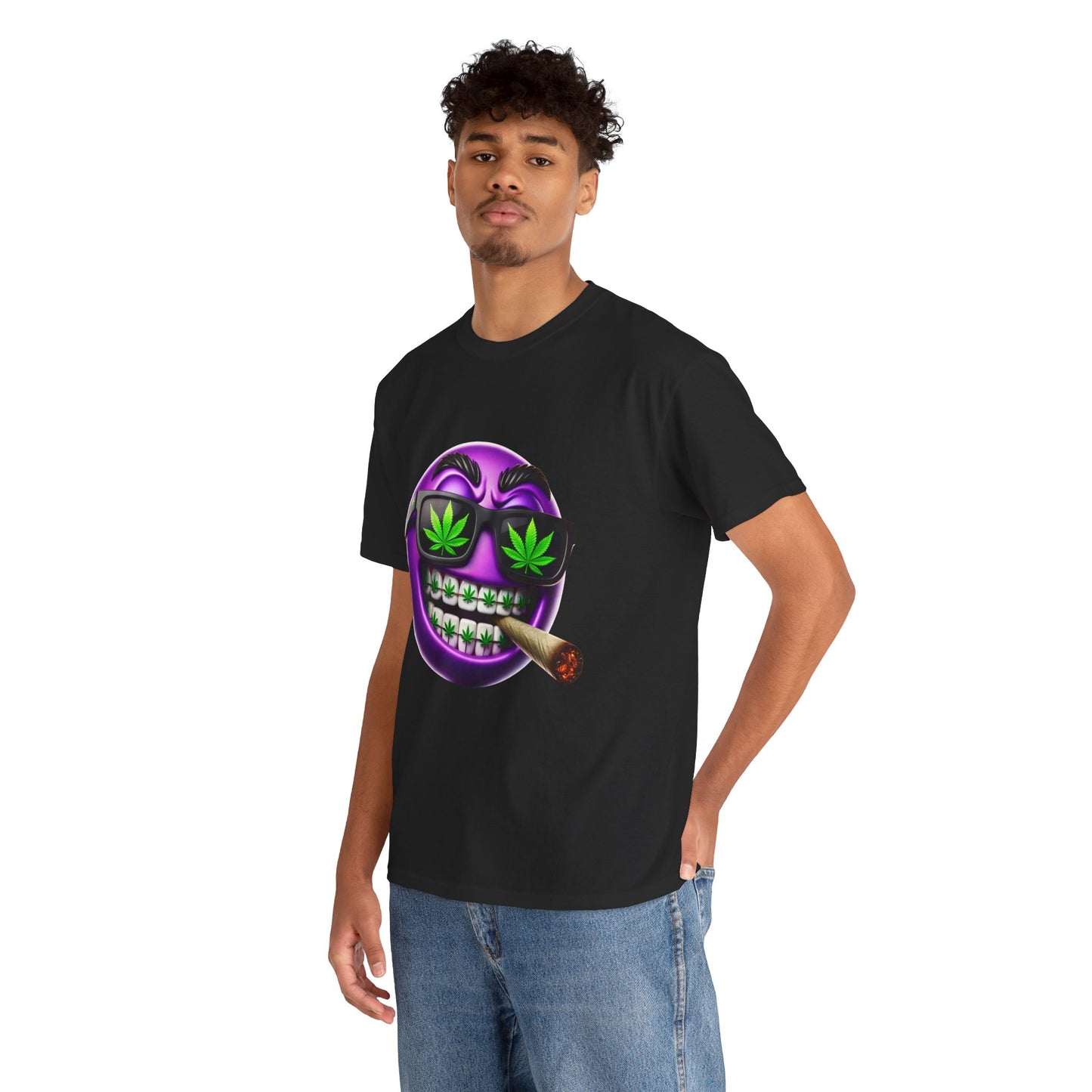 420 Smiley T-Shirt — Purple Grinning Emoticon with Weed Sunglasses & Joint