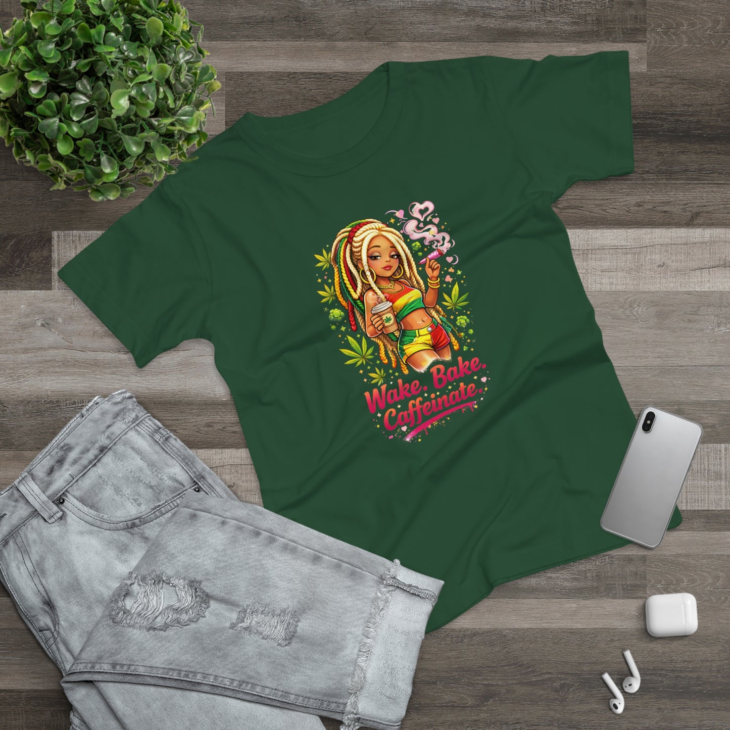 Wake, Bake, Caffeinate T-Shirt — Rasta Girl Coffee & Weed Graphic Tee