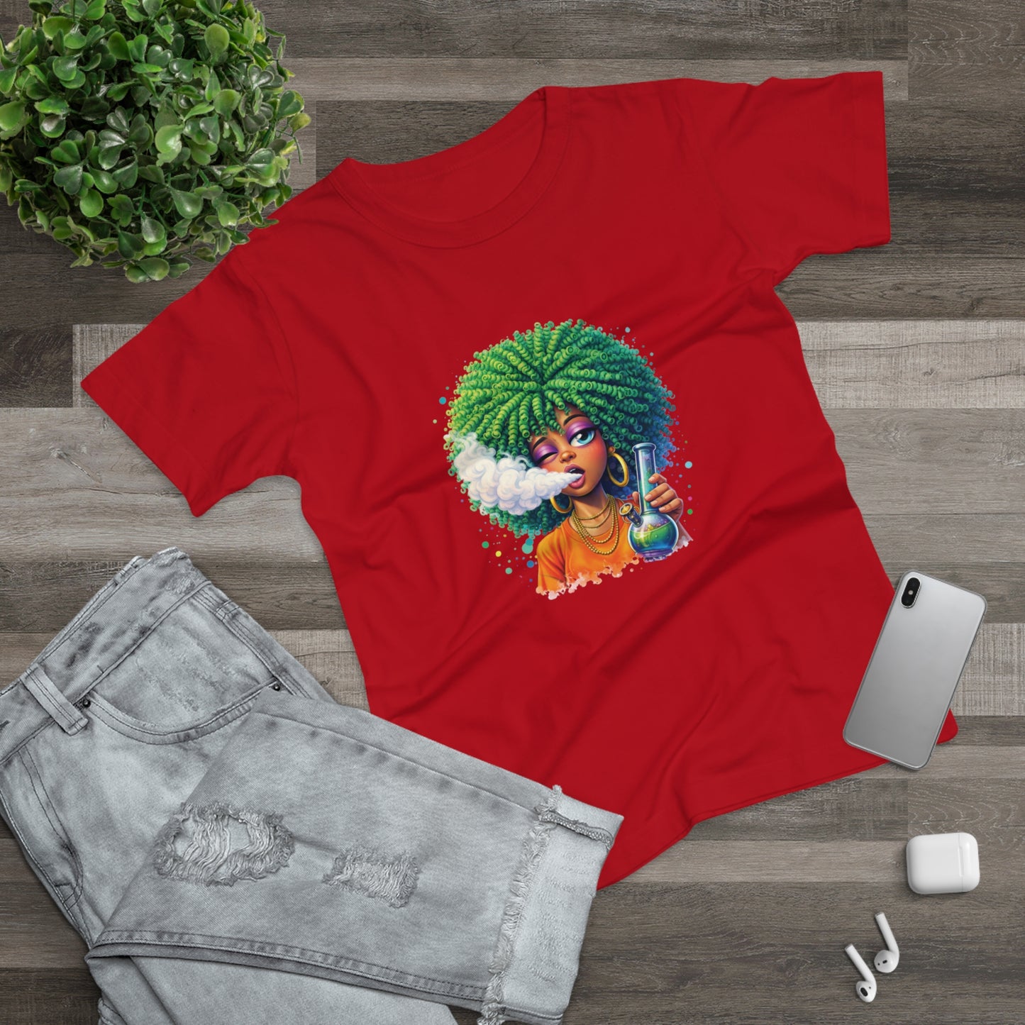 Women’s Graphic T‑Shirt — Afro Puff Girl Vaping Art