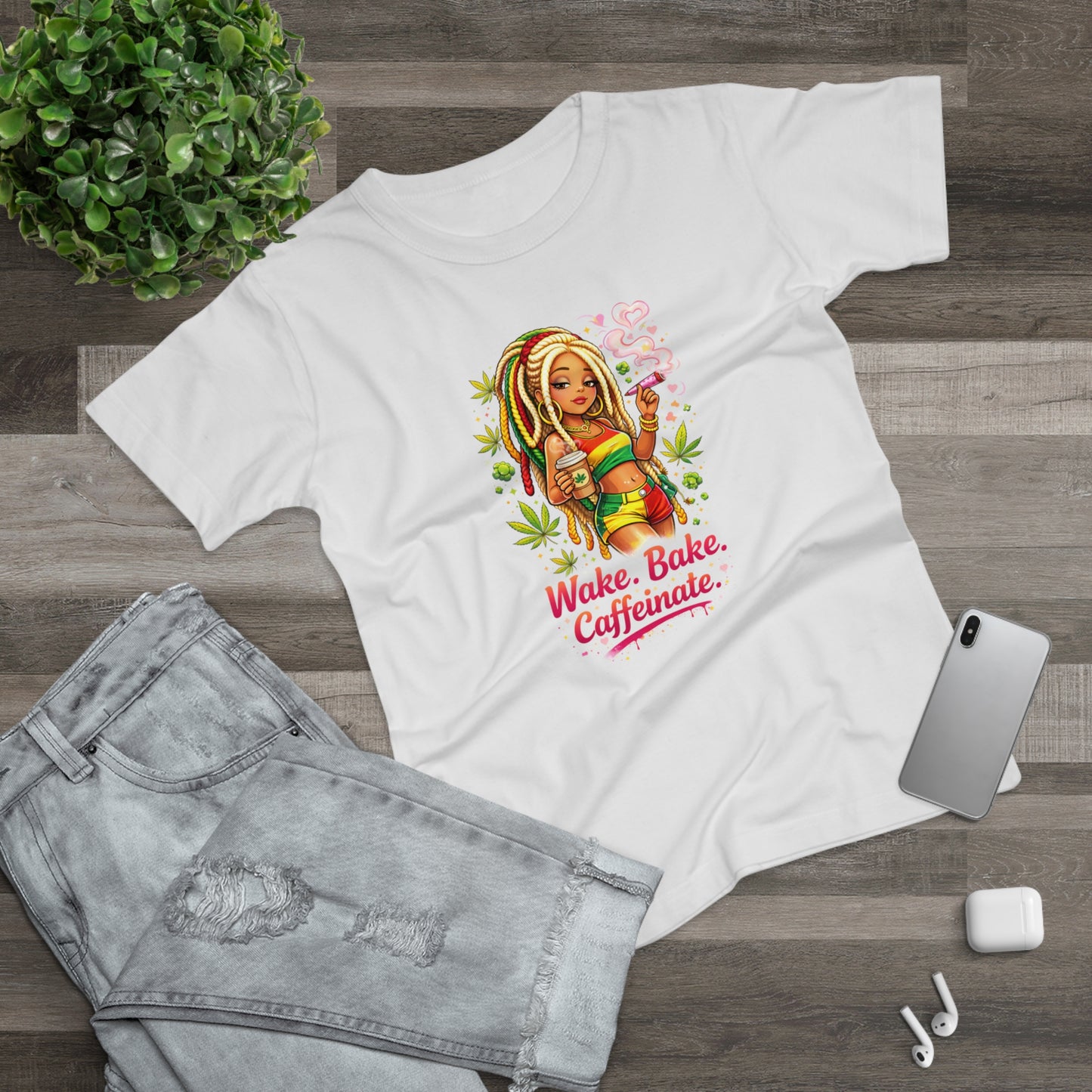 Wake, Bake, Caffeinate T-Shirt — Rasta Girl Coffee & Weed Graphic Tee