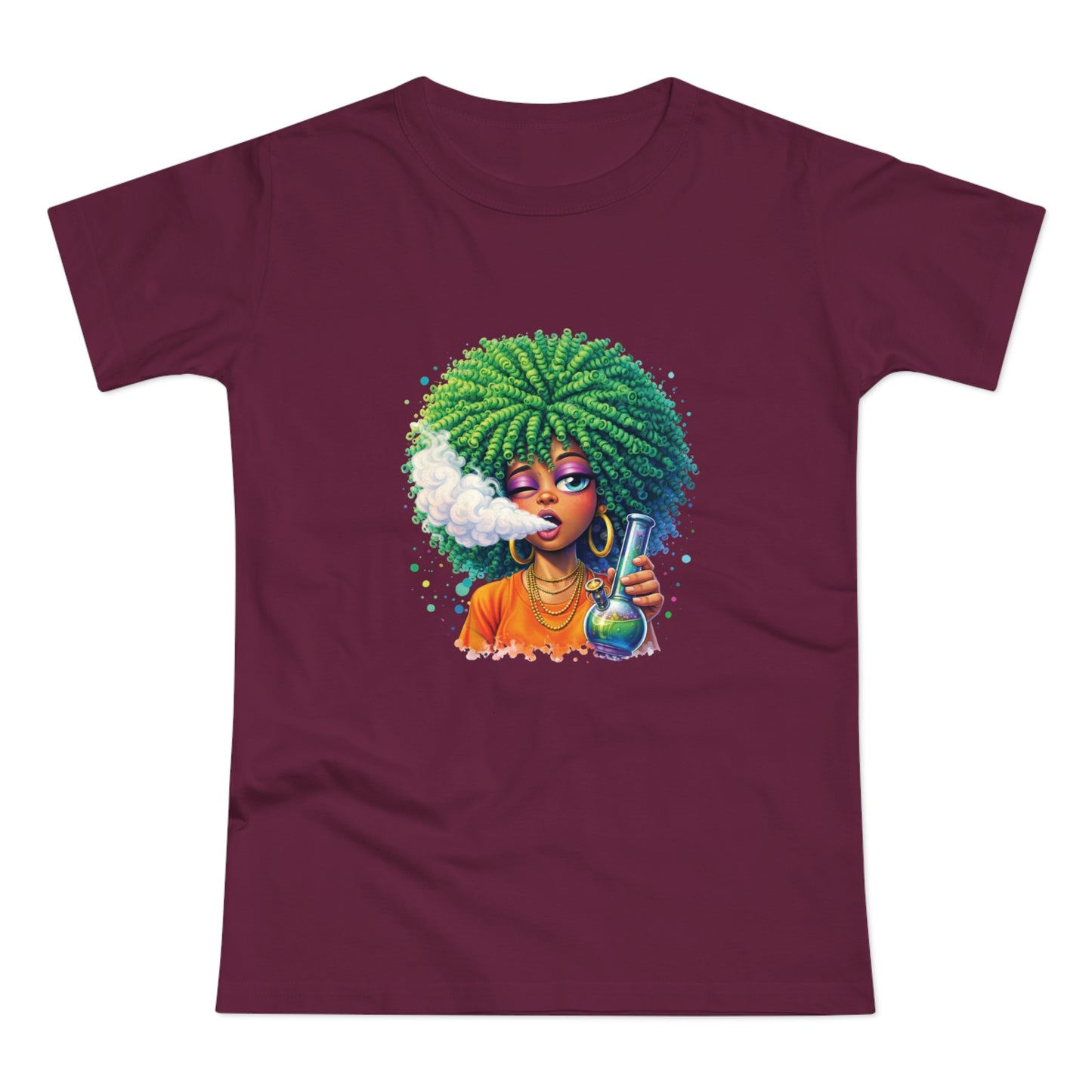 Women’s Graphic T‑Shirt — Afro Puff Girl Vaping Art