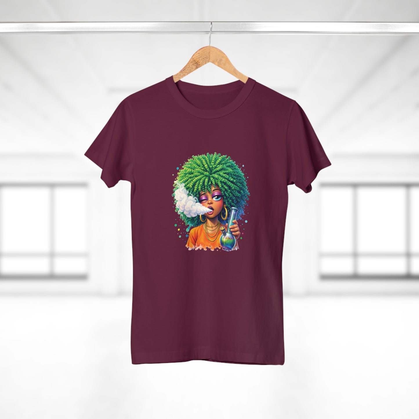 Women’s Graphic T‑Shirt — Afro Puff Girl Vaping Art