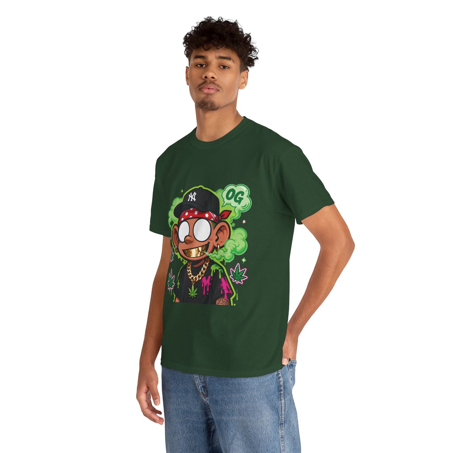 T-Shirt — OG Cartoon Stoner Graphic Tee (Green Smoke & Leaf Design)