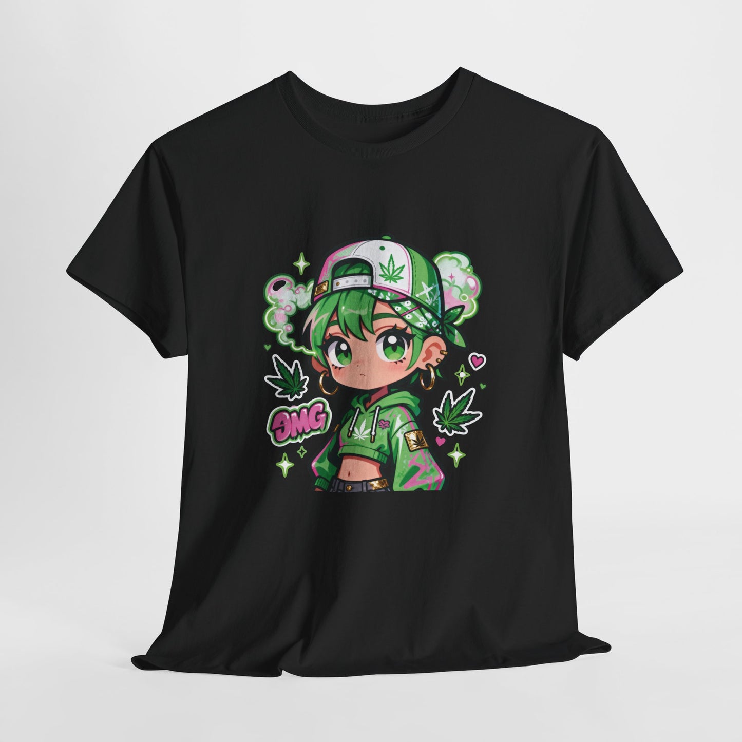 Green Anime Girl Tee — Cute Kawaii Character Shirt with Leaf Accent