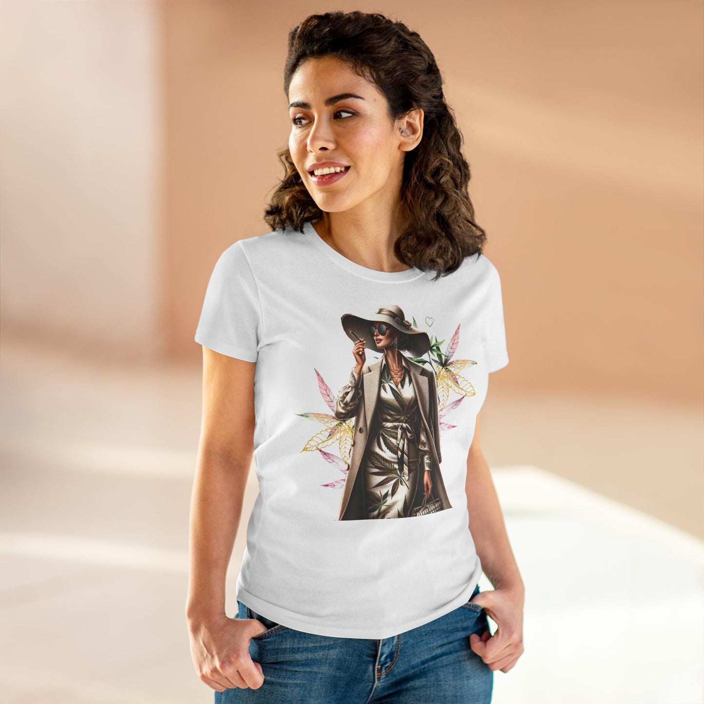 Chic Floral Fashion Tee — Stylish Woman in Trench & Sun Hat Graphic