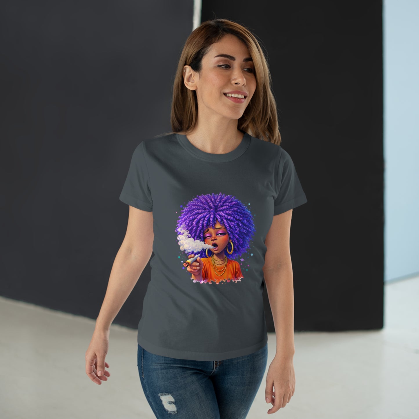 Women's T-Shirt — Purple Afro Girl Art Graphic Tee (Smoke Vibe)