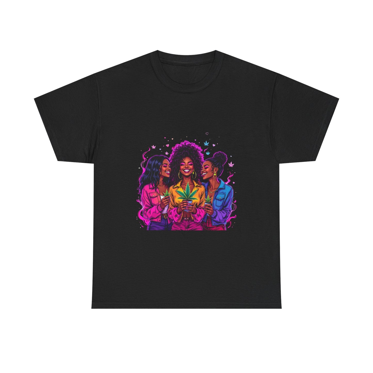 Black Tee — Vibrant Afro Women Holding 420 Leaf Graphic Shirt