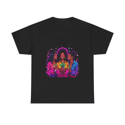 Black Tee — Vibrant Afro Women Holding 420 Leaf Graphic Shirt