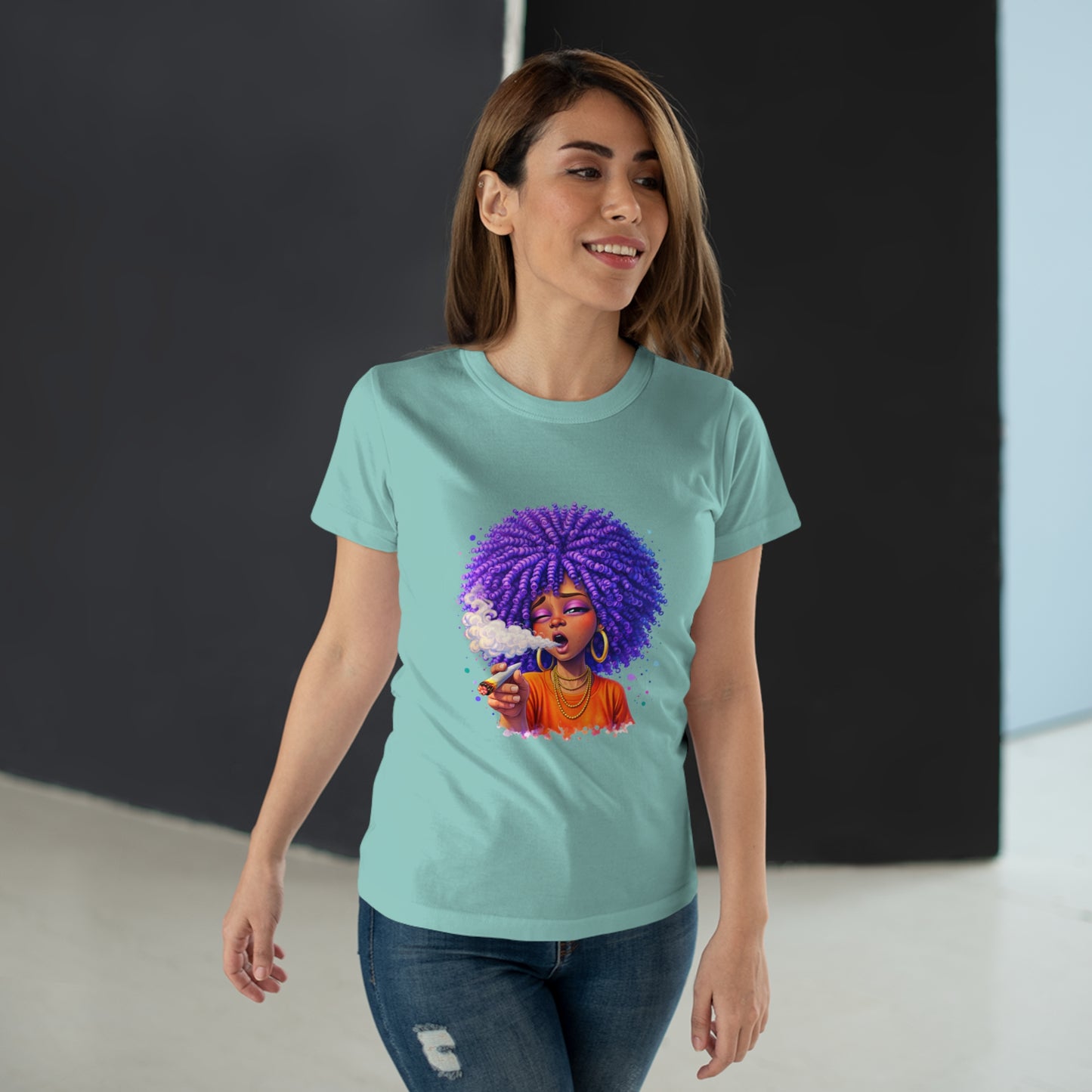 Women's T-Shirt — Purple Afro Girl Art Graphic Tee (Smoke Vibe)