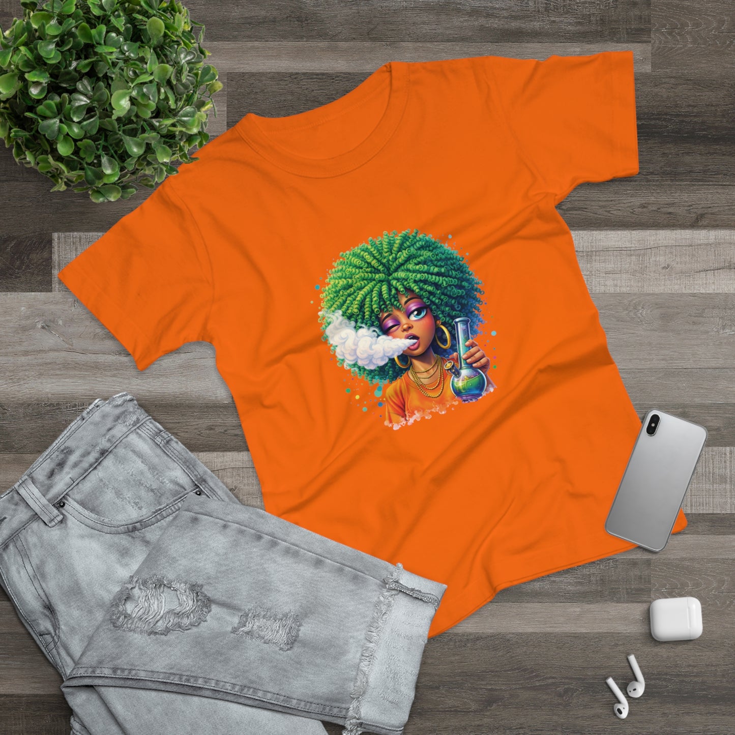 Women’s Graphic T‑Shirt — Afro Puff Girl Vaping Art