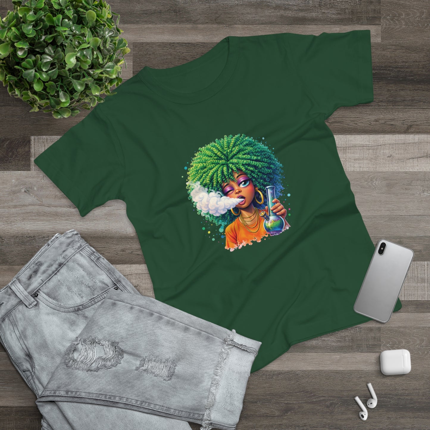 Women’s Graphic T‑Shirt — Afro Puff Girl Vaping Art
