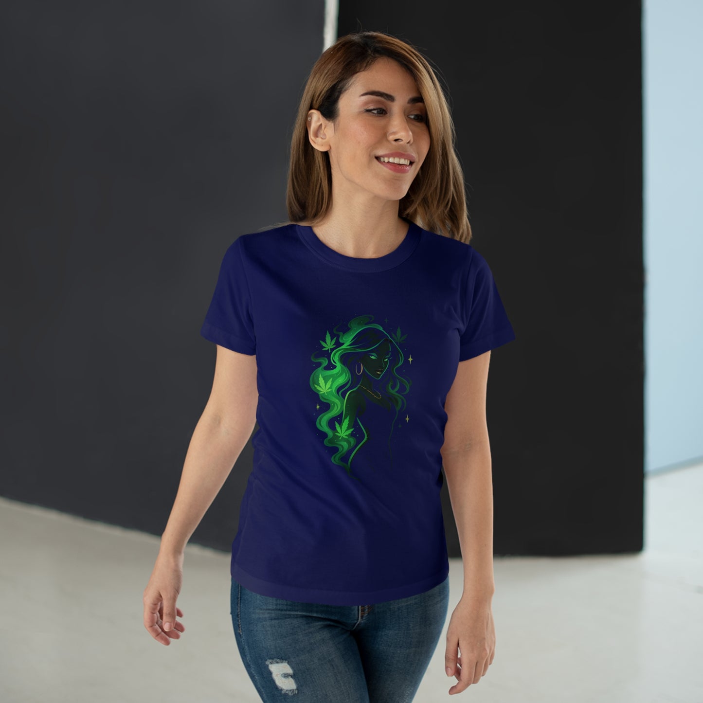 Green Spirit Goddess Women's T-Shirt — Ethereal Floral Silhouette Tee for Nature Lovers