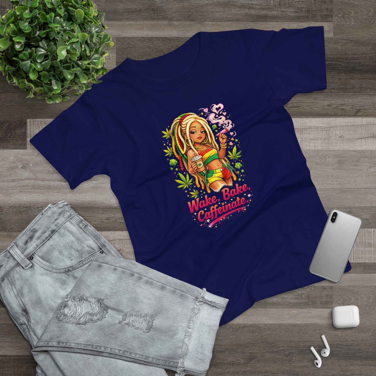 Wake, Bake, Caffeinate T-Shirt — Rasta Girl Coffee & Weed Graphic Tee