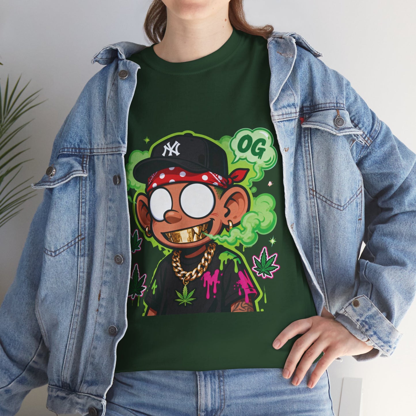 T-Shirt — OG Cartoon Stoner Graphic Tee (Green Smoke & Leaf Design)