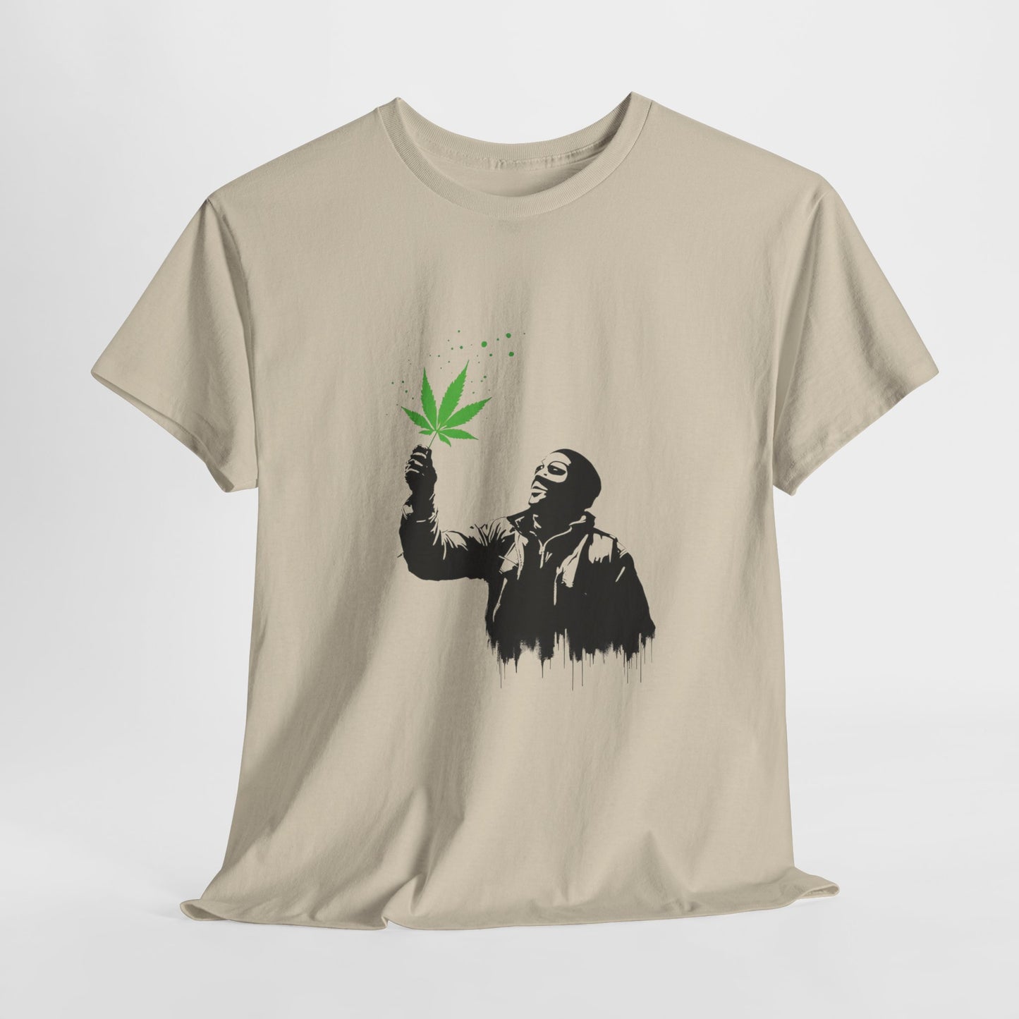 Weed Leaf Stencil Tee — Man Holding Green 420 Graphic T-Shirt