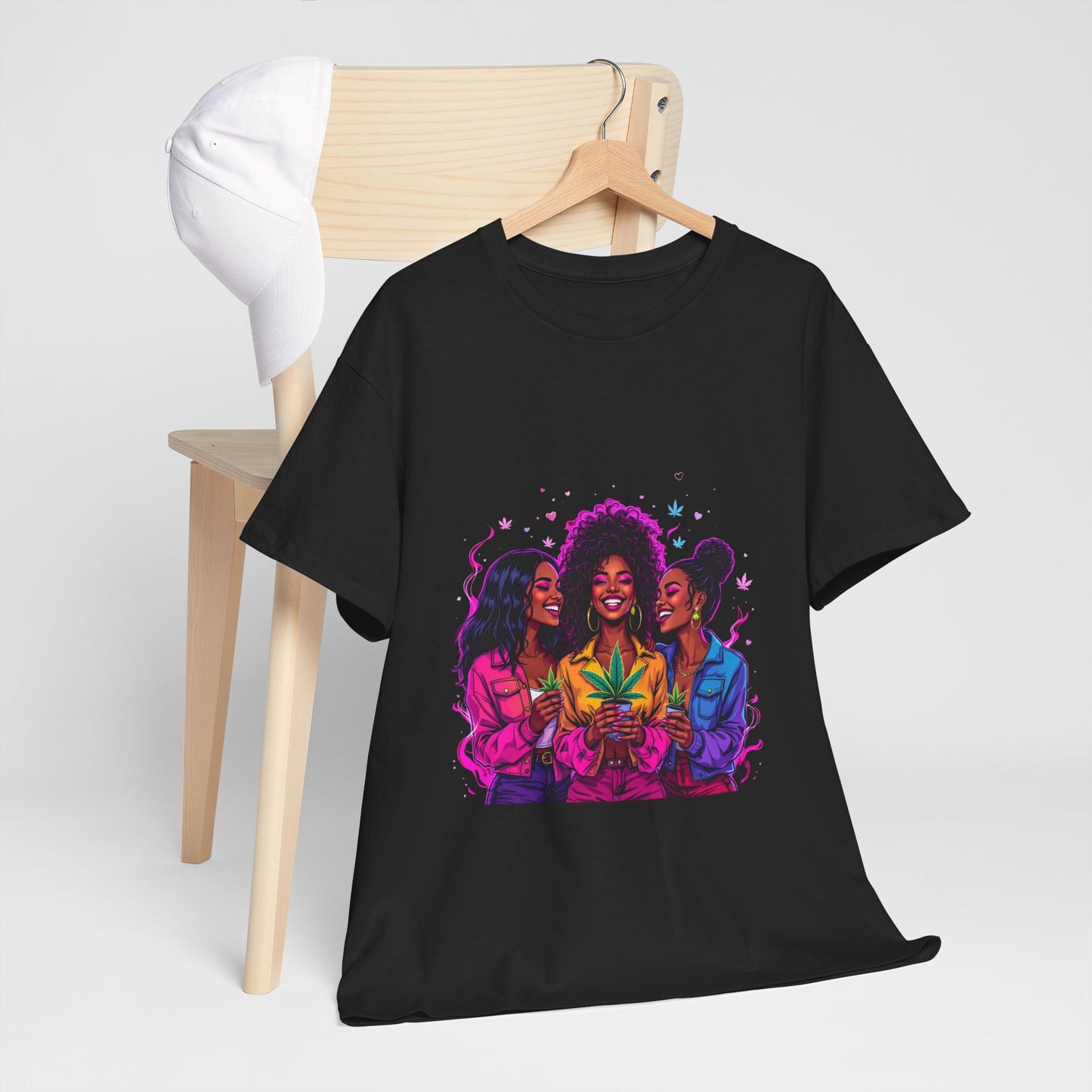 Black Tee — Vibrant Afro Women Holding 420 Leaf Graphic Shirt