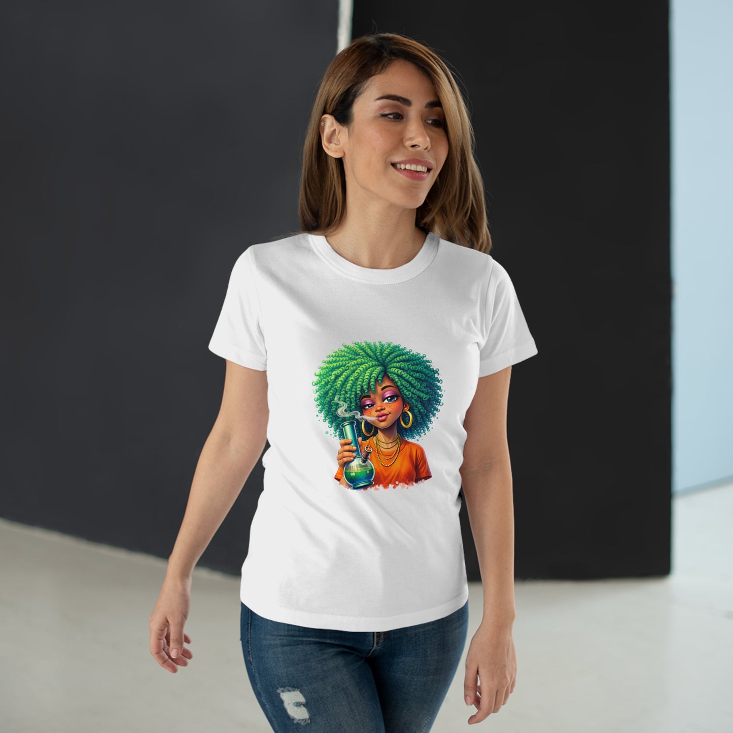 Afro Green Hair Scientist T‑Shirt — Cute Black Girl Chemist Graphic Tee