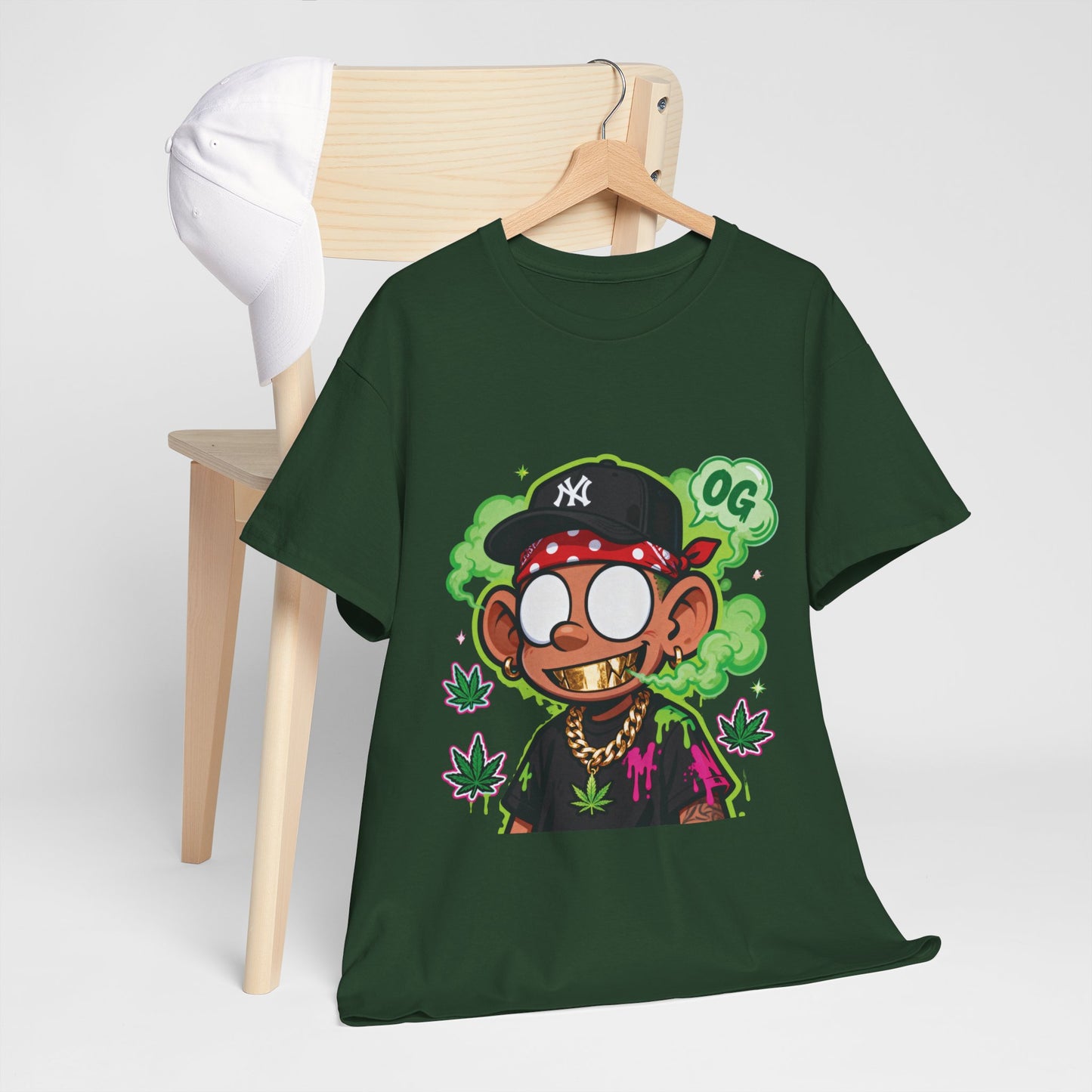 T-Shirt — OG Cartoon Stoner Graphic Tee (Green Smoke & Leaf Design)