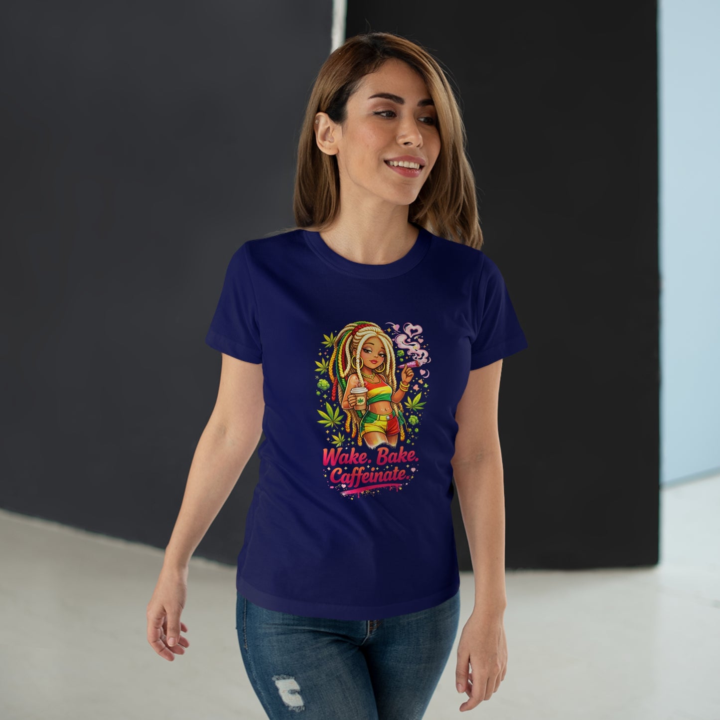 Wake, Bake, Caffeinate T-Shirt — Rasta Girl Coffee & Weed Graphic Tee