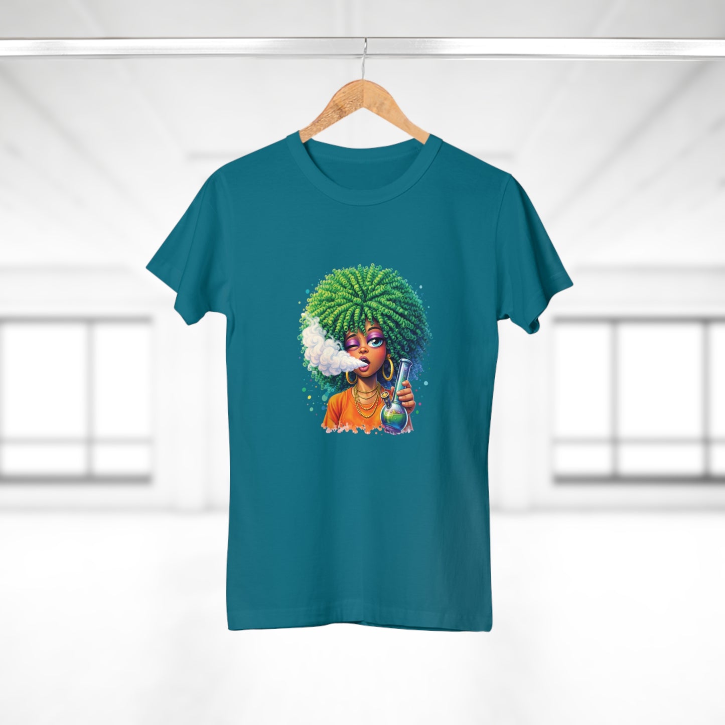 Women’s Graphic T‑Shirt — Afro Puff Girl Vaping Art