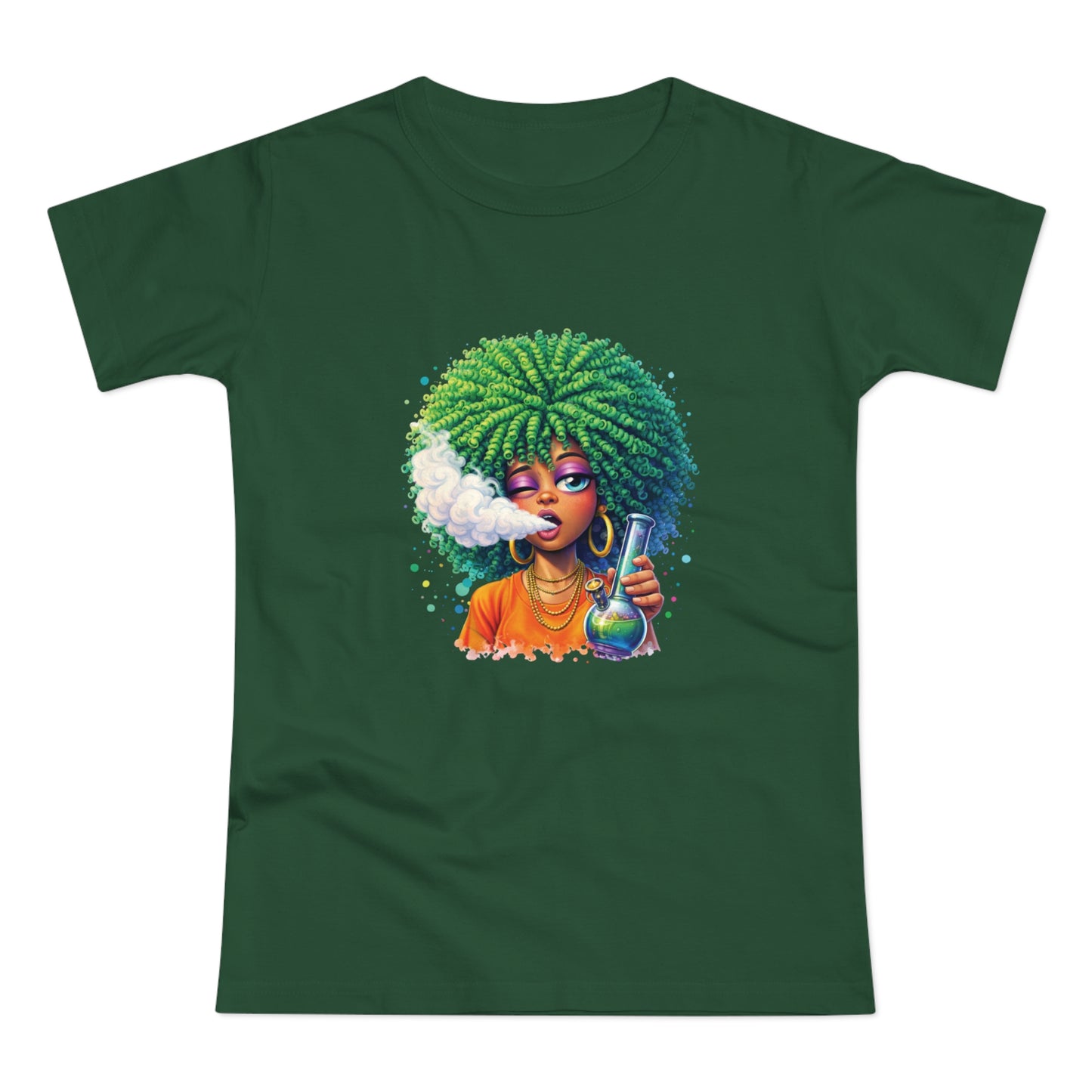 Women’s Graphic T‑Shirt — Afro Puff Girl Vaping Art