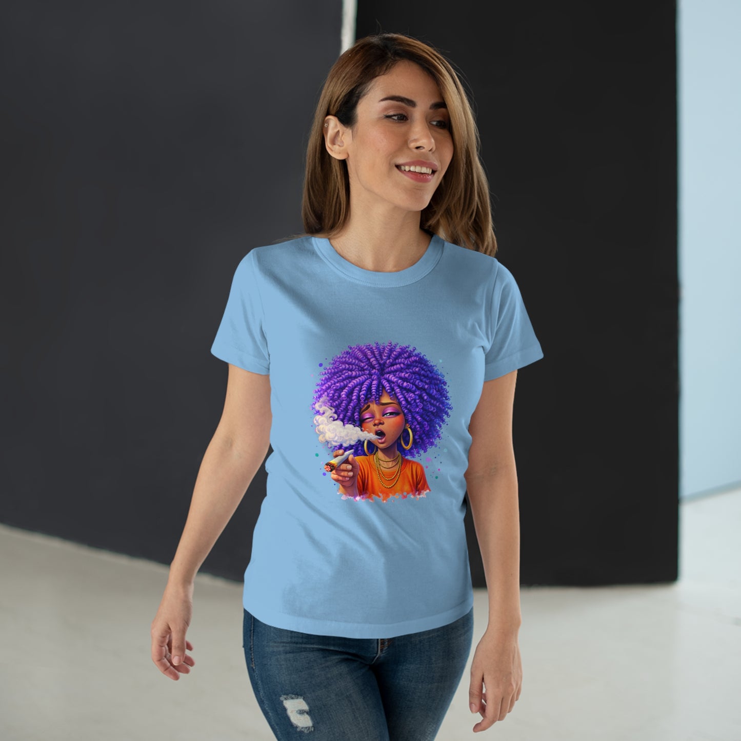 Women's T-Shirt — Purple Afro Girl Art Graphic Tee (Smoke Vibe)