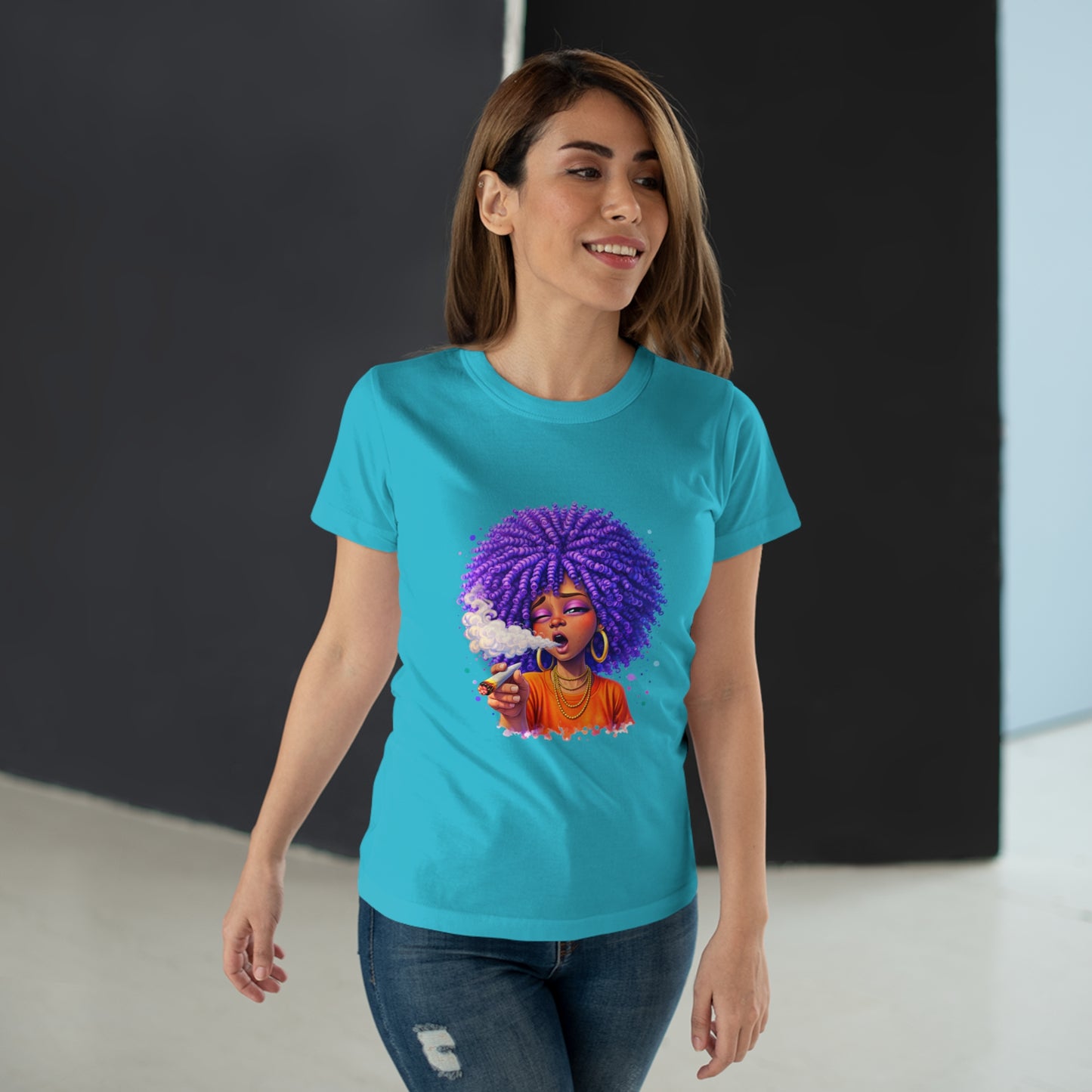 Women's T-Shirt — Purple Afro Girl Art Graphic Tee (Smoke Vibe)