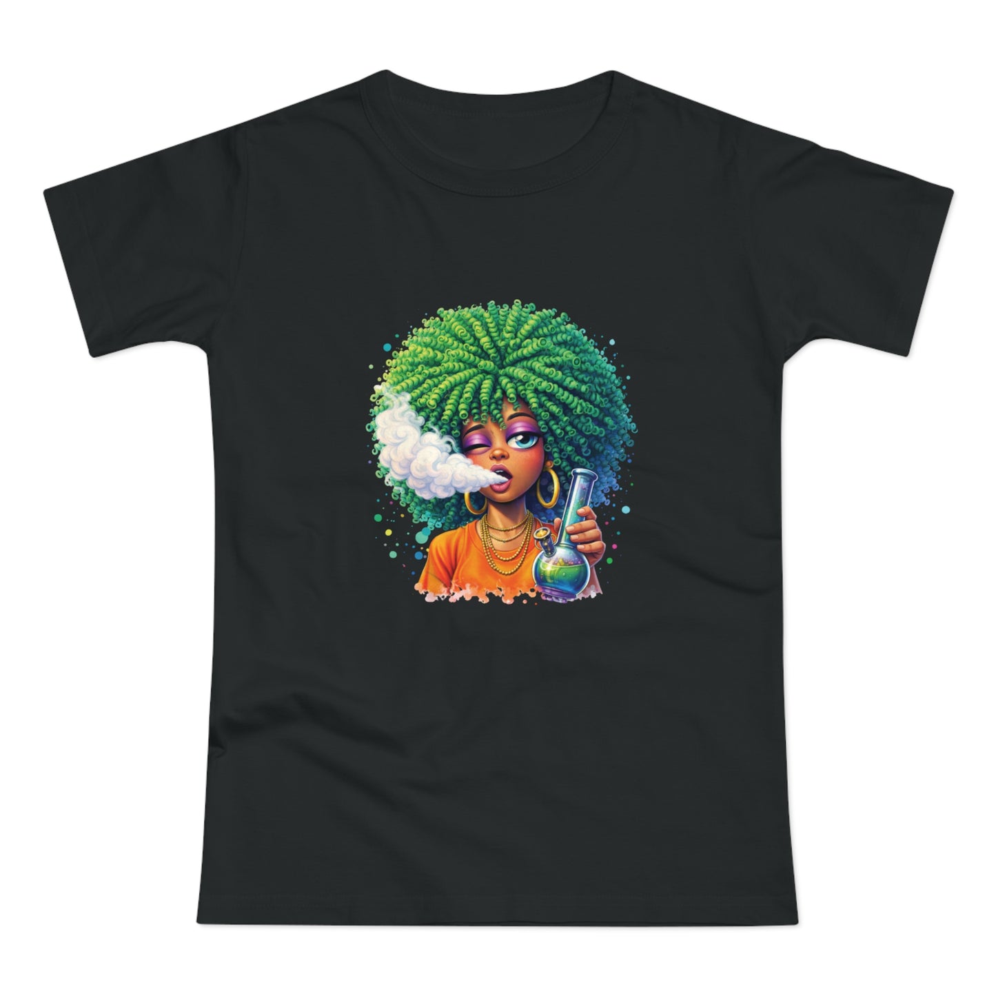 Women’s Graphic T‑Shirt — Afro Puff Girl Vaping Art