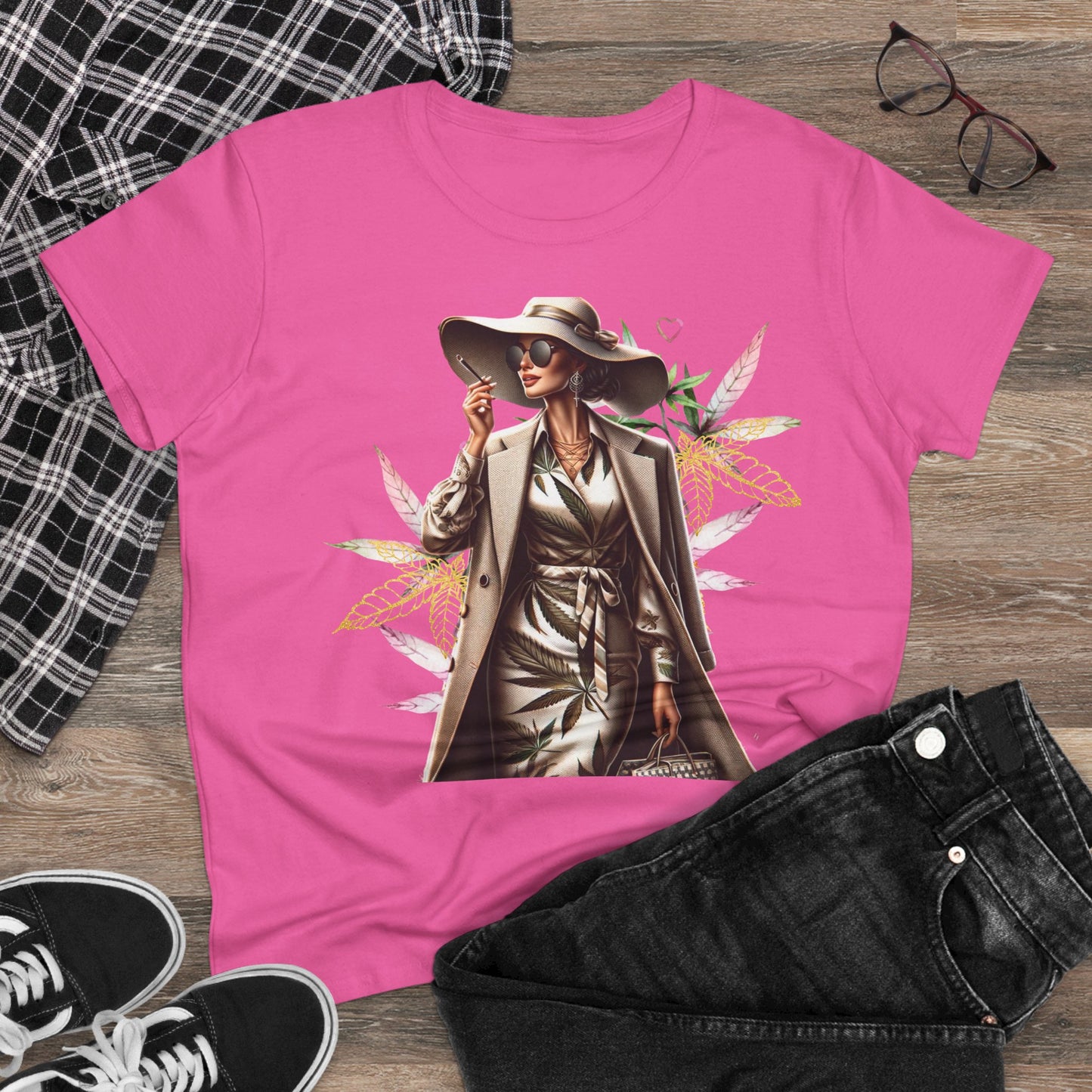 Chic Floral Fashion Tee — Stylish Woman in Trench & Sun Hat Graphic