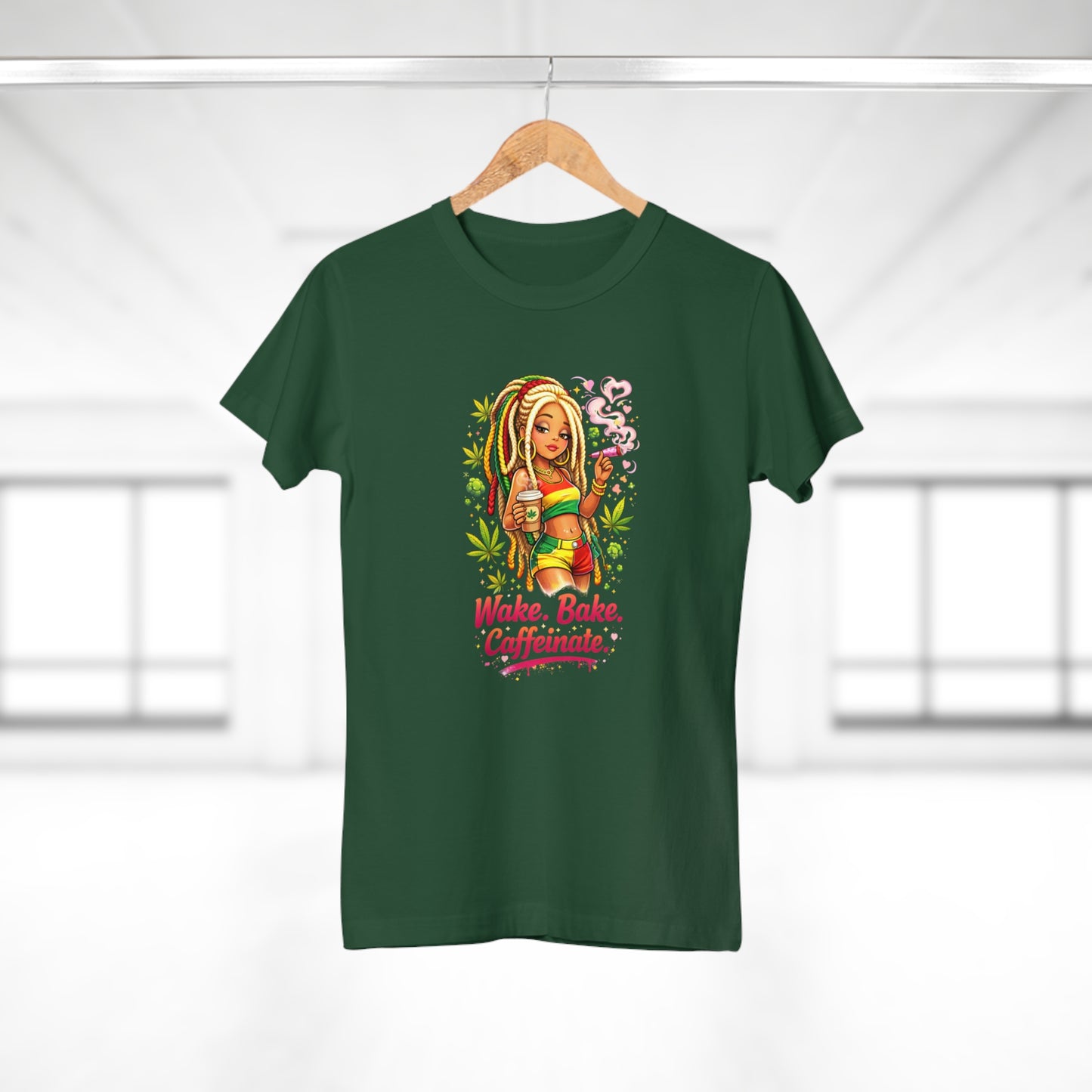 Wake, Bake, Caffeinate T-Shirt — Rasta Girl Coffee & Weed Graphic Tee