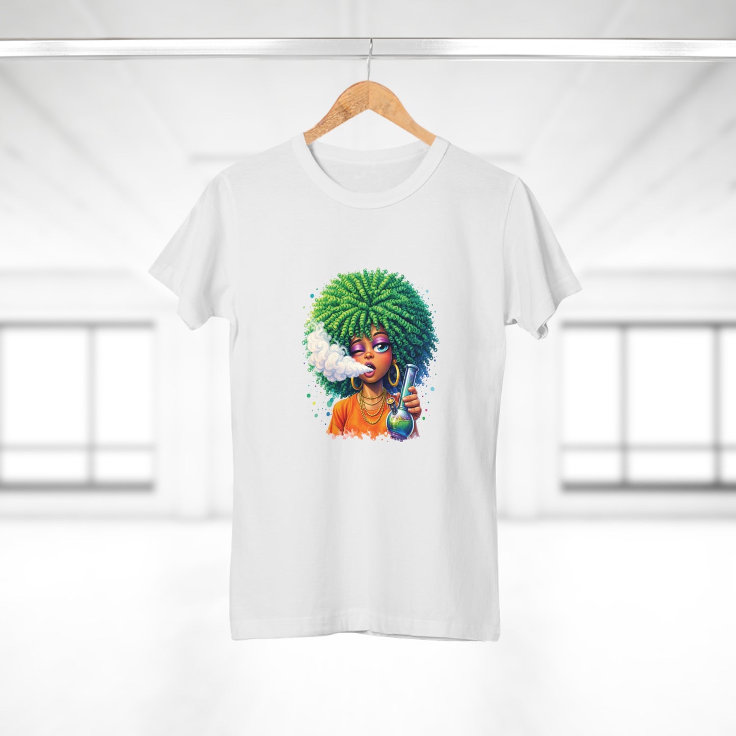 Women’s Graphic T‑Shirt — Afro Puff Girl Vaping Art