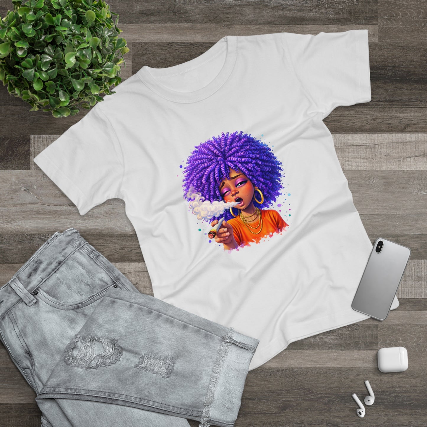 Women's T-Shirt — Purple Afro Girl Art Graphic Tee (Smoke Vibe)
