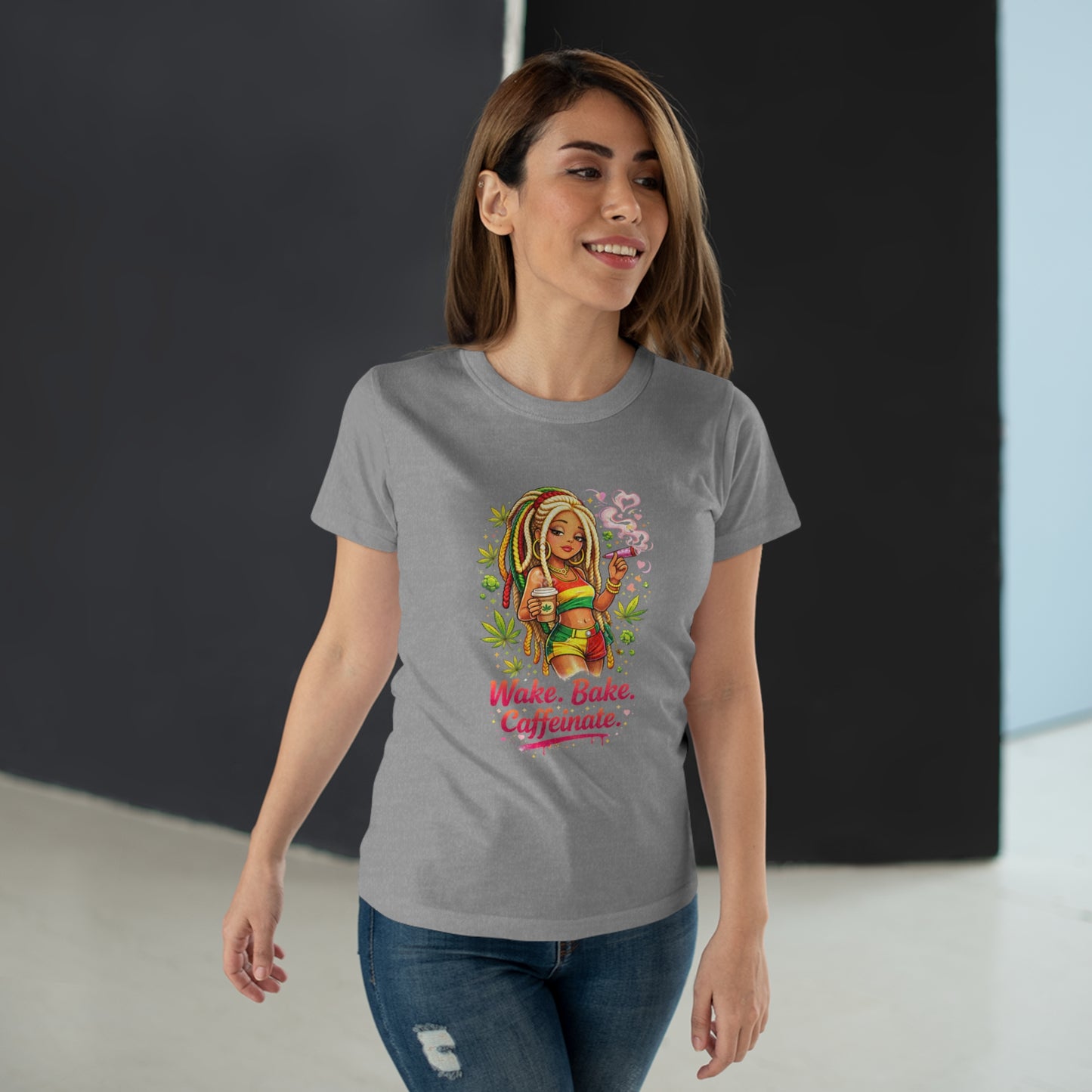Wake, Bake, Caffeinate T-Shirt — Rasta Girl Coffee & Weed Graphic Tee