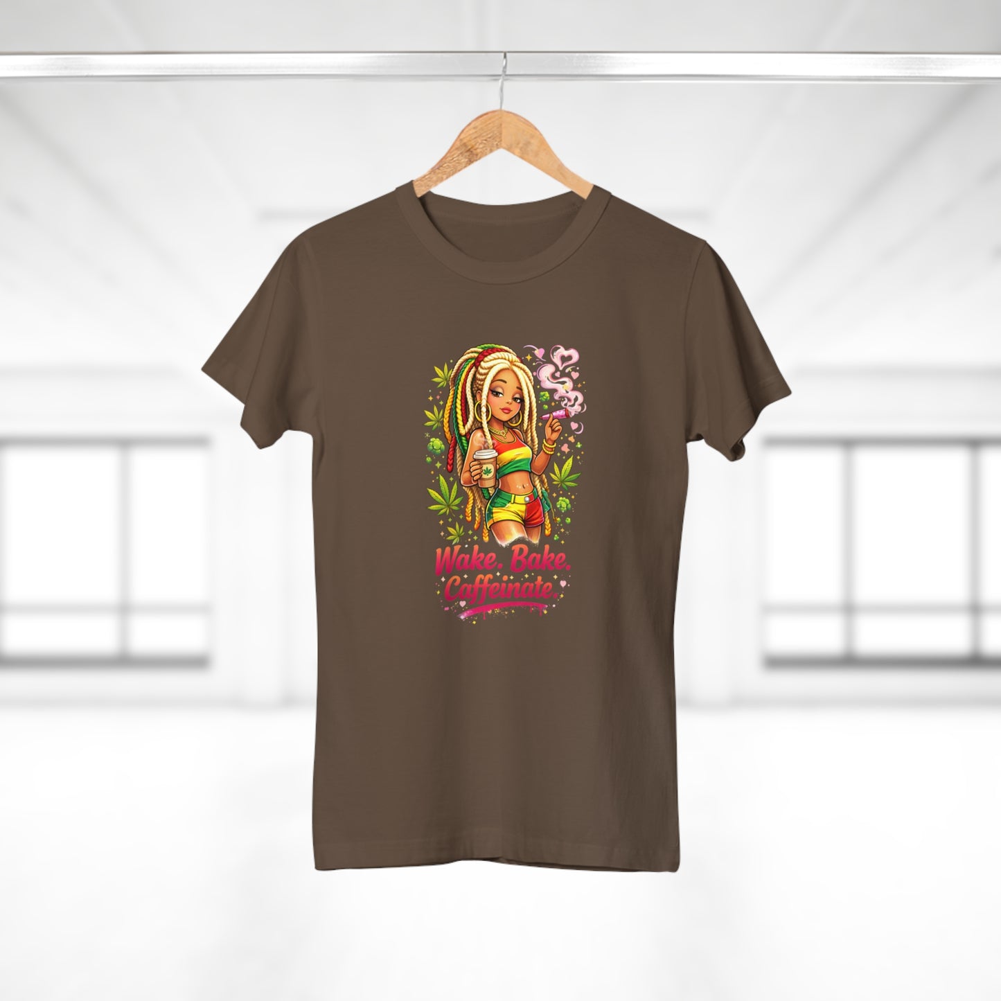 Wake, Bake, Caffeinate T-Shirt — Rasta Girl Coffee & Weed Graphic Tee