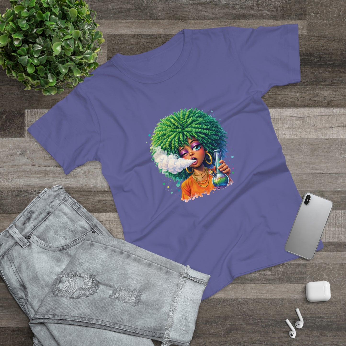 Women’s Graphic T‑Shirt — Afro Puff Girl Vaping Art