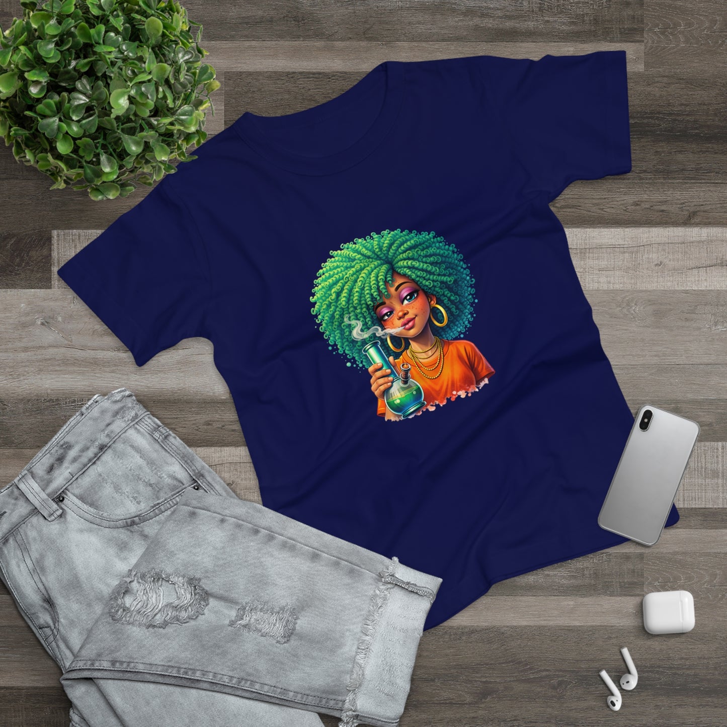 Afro Green Hair Scientist T‑Shirt — Cute Black Girl Chemist Graphic Tee