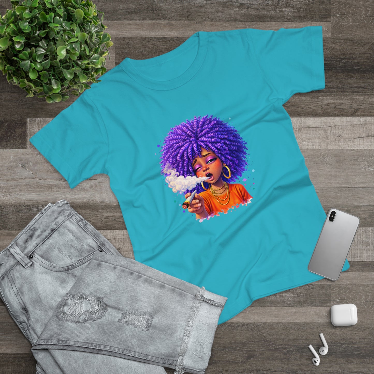 Women's T-Shirt — Purple Afro Girl Art Graphic Tee (Smoke Vibe)