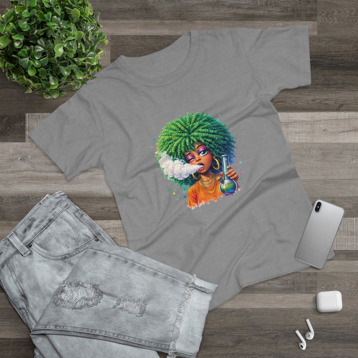 Women’s Graphic T‑Shirt — Afro Puff Girl Vaping Art