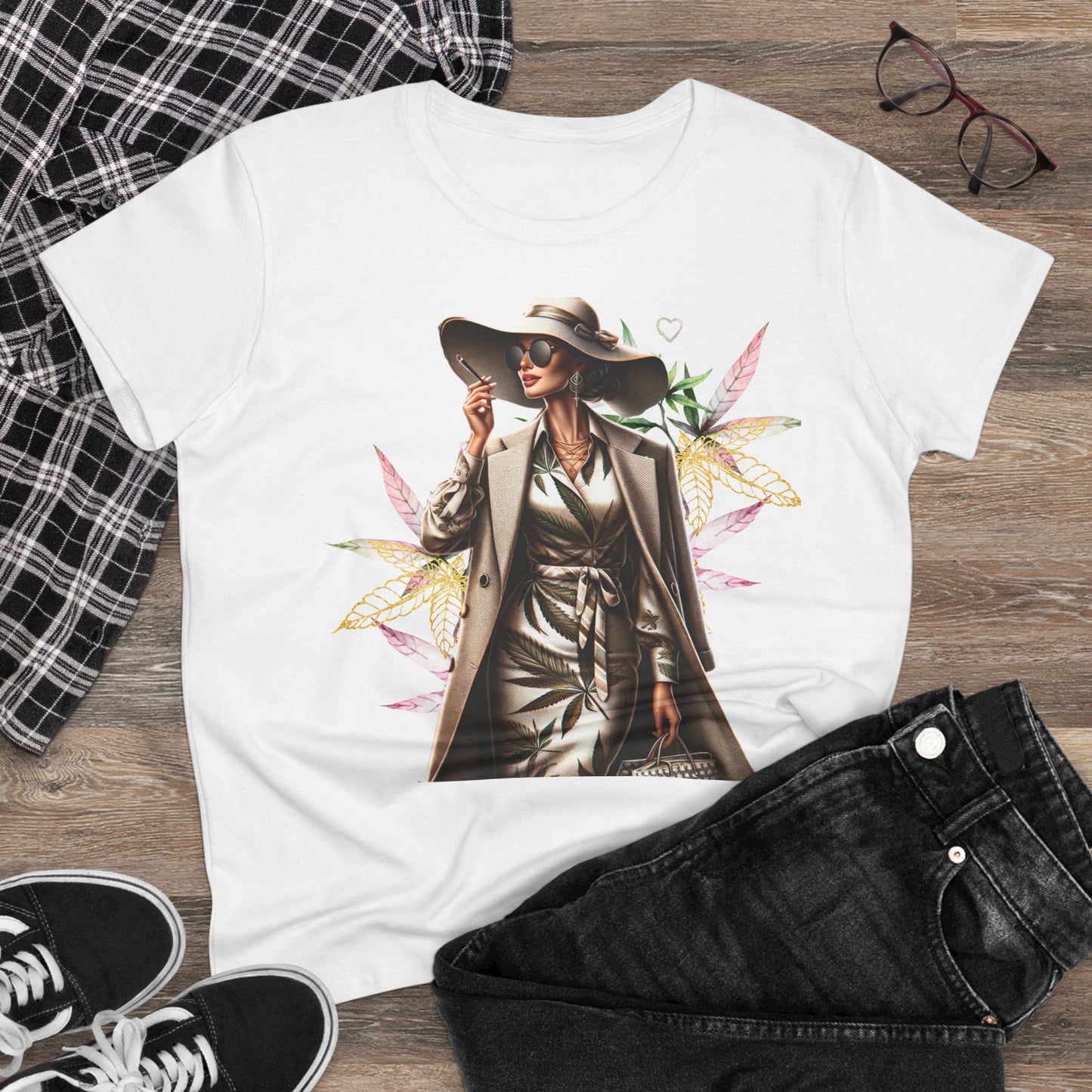 Chic Floral Fashion Tee — Stylish Woman in Trench & Sun Hat Graphic