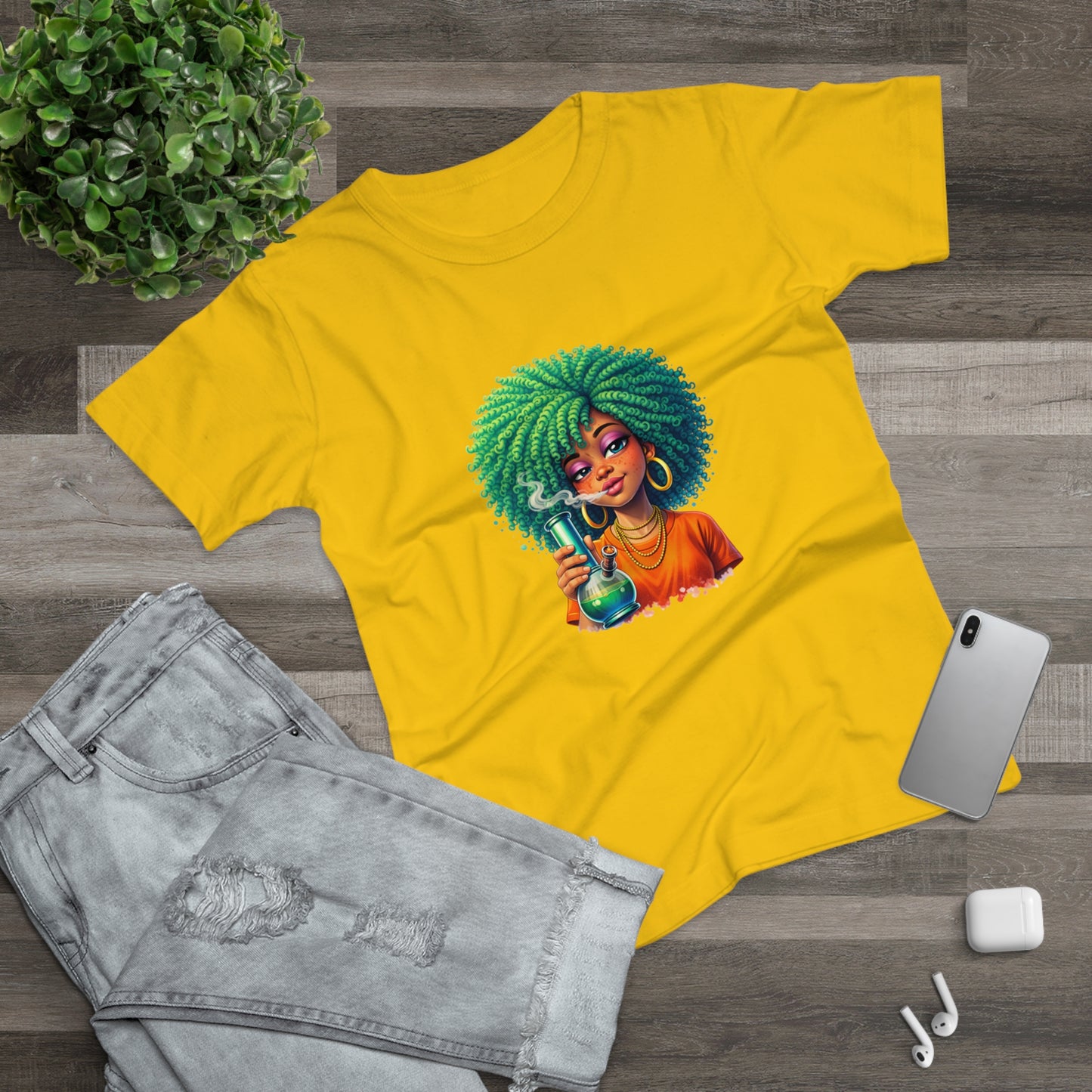 Afro Green Hair Scientist T‑Shirt — Cute Black Girl Chemist Graphic Tee