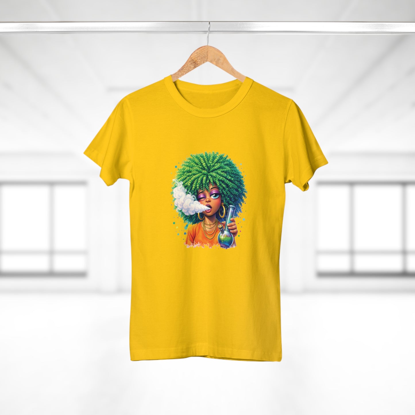 Women’s Graphic T‑Shirt — Afro Puff Girl Vaping Art