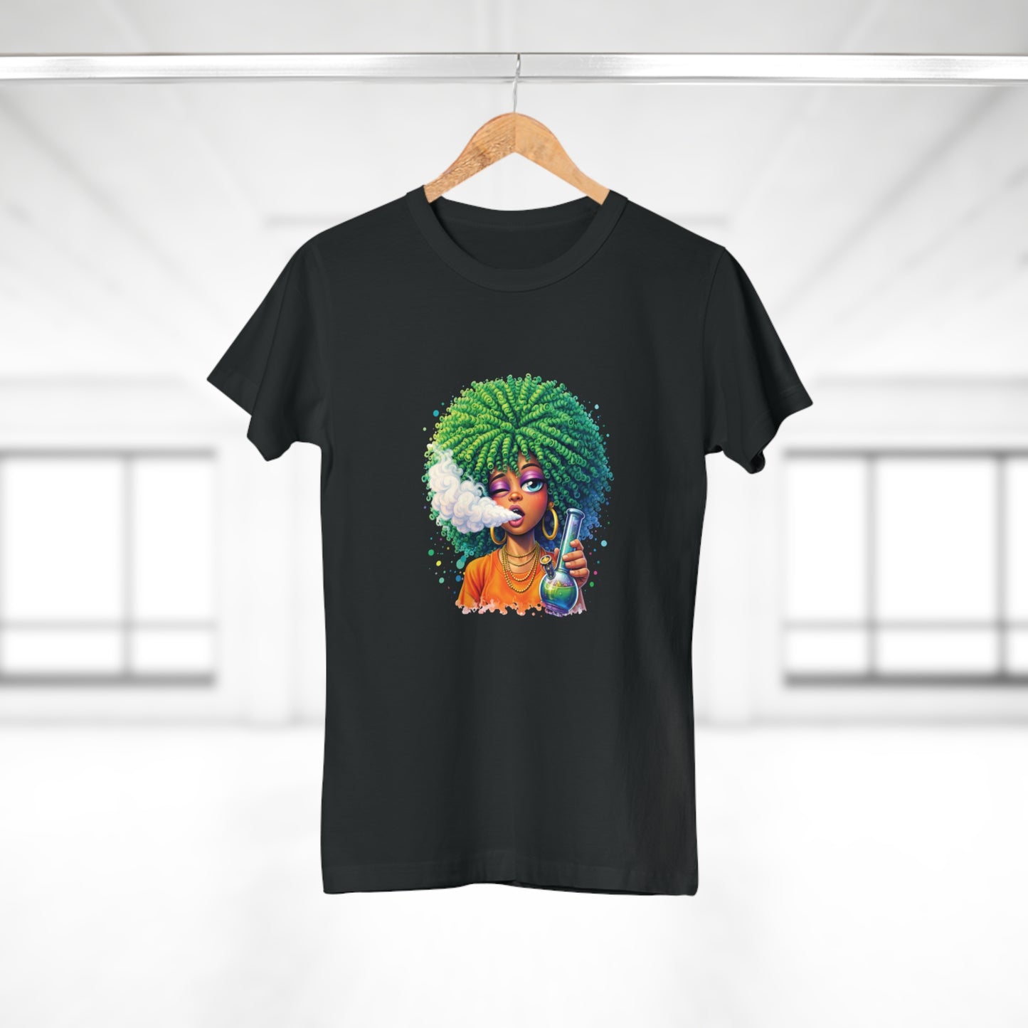 Women’s Graphic T‑Shirt — Afro Puff Girl Vaping Art