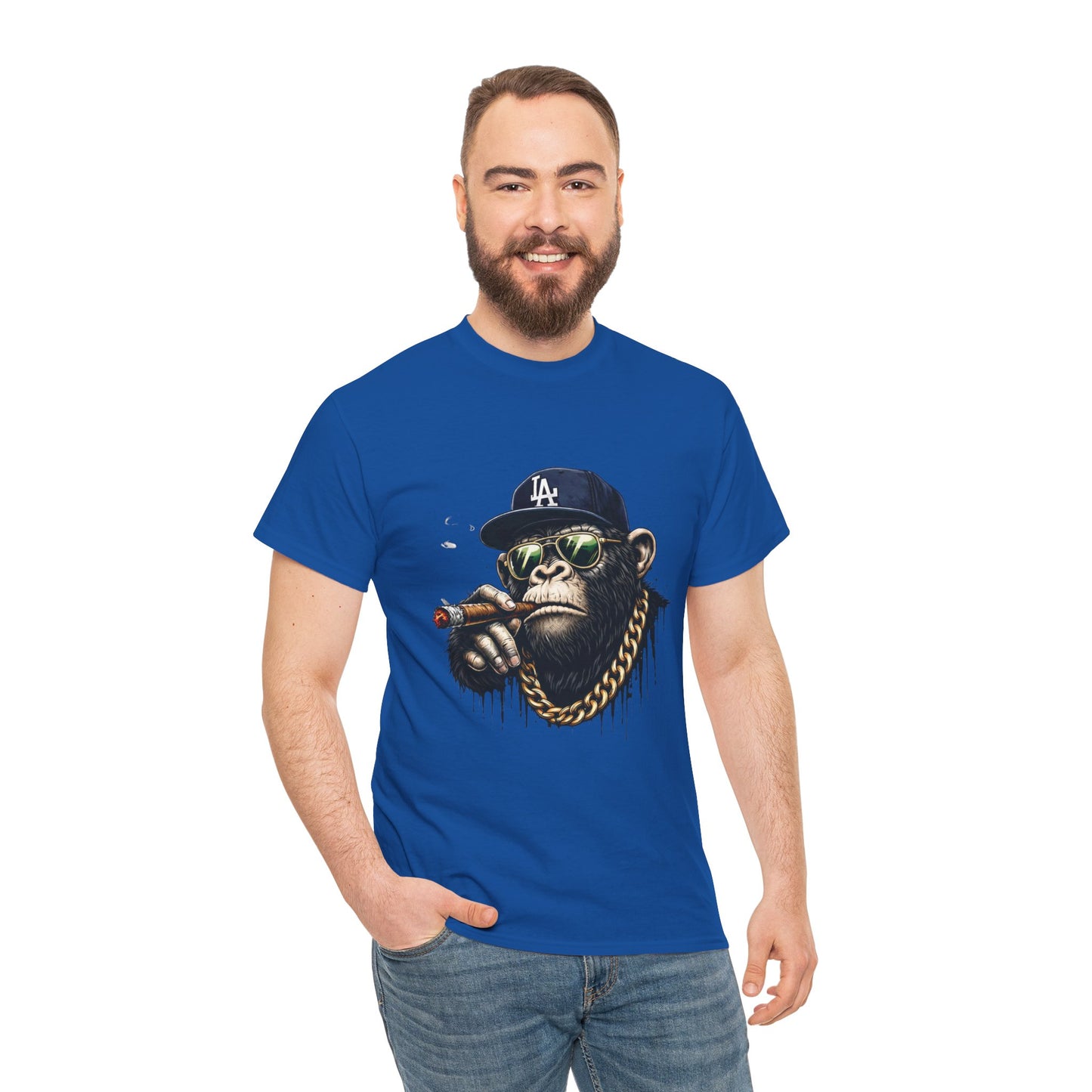 Cigar-Chomping Hip Hop Monkey T-Shirt — LA Cap & Gold Chain Streetwear