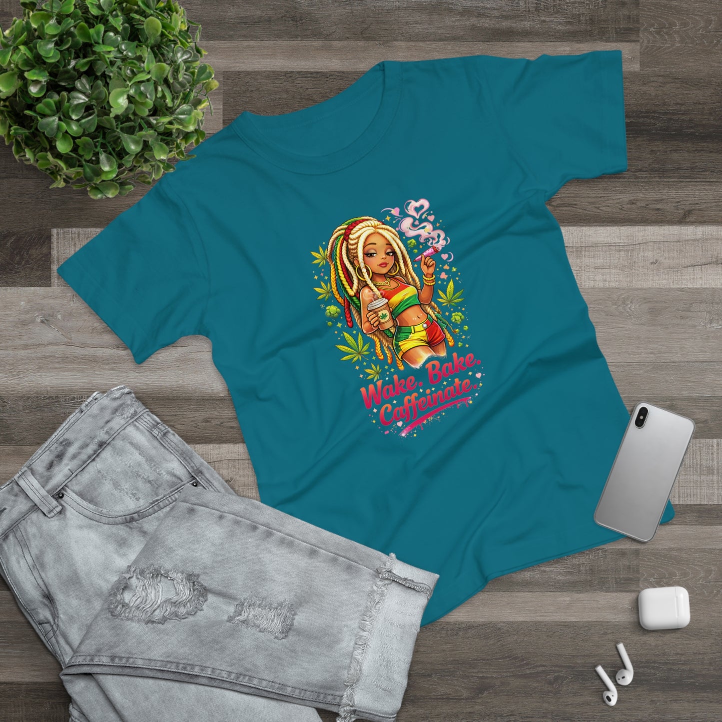 Wake, Bake, Caffeinate T-Shirt — Rasta Girl Coffee & Weed Graphic Tee