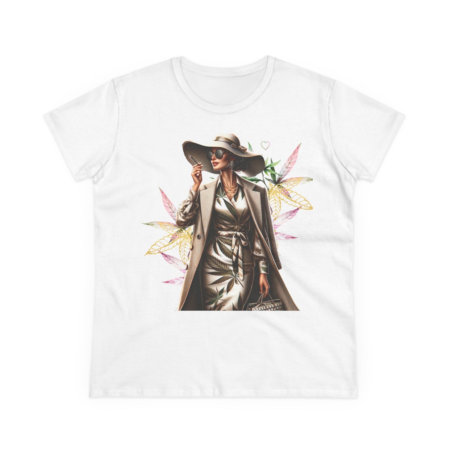 Chic Floral Fashion Tee — Stylish Woman in Trench & Sun Hat Graphic